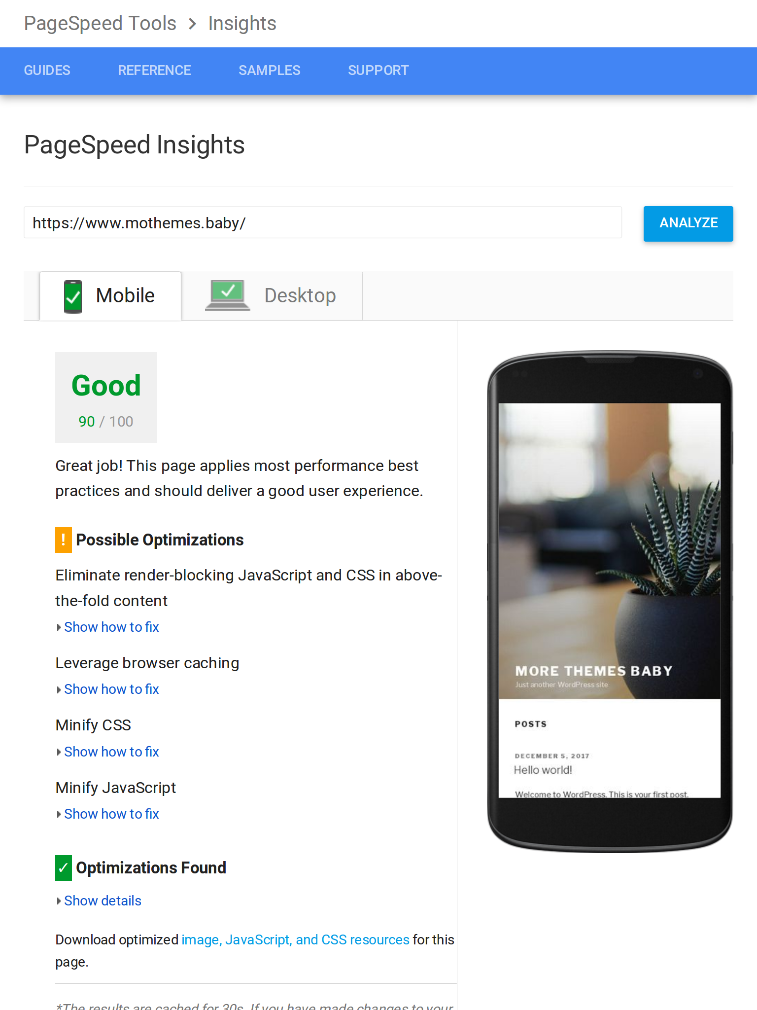 Google PageSpeed Insights after the first install for mobile